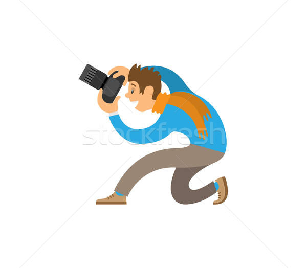 600x524 Cameraman Taking Photo On Device With Zoom Vector Vector