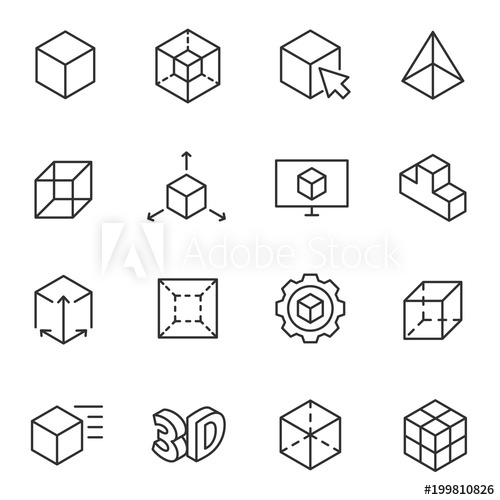 500x500 Modeling Icon Set, Dimensional Model, Thin Line Design Line