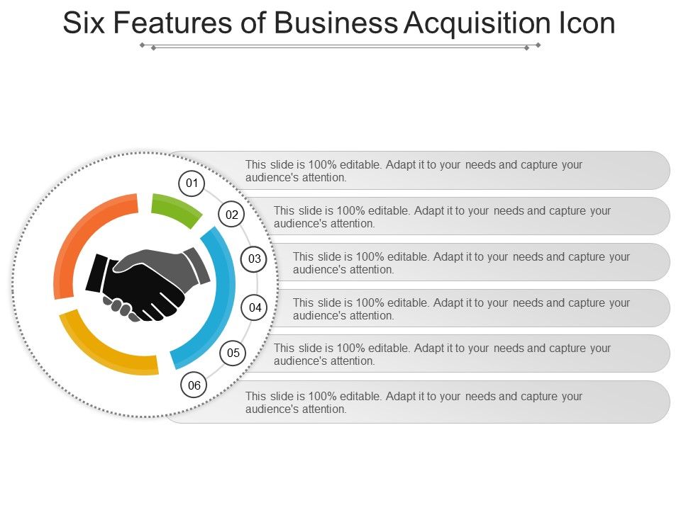960x720 Six Features Of Business Acquisition Icon Ppt Slide Examples