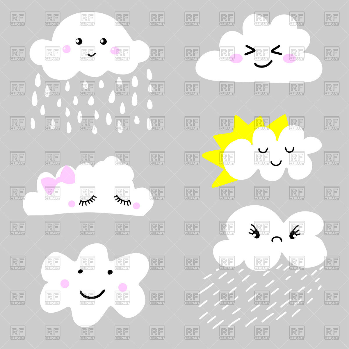 1200x1200 Cute And Adorable Cartoon Weather Clouds Icon Set Vector Image