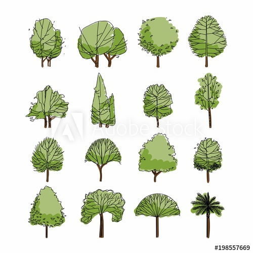 500x500 Side View, Set Of Green Graphics Trees Elements Outline Symbol