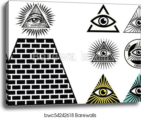 453x379 All Seeing Eye Icons Set Pyramid Illuminati Symbol, Canvas Print