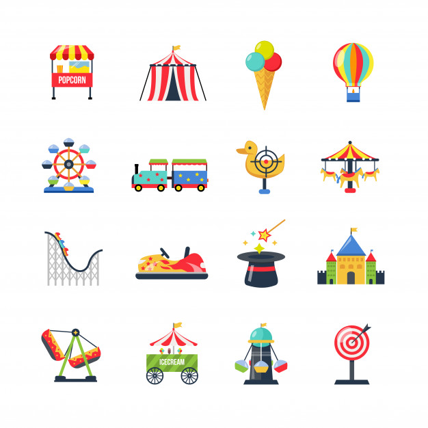 626x626 Flat Color Isolated Amusement Park Icons Vector Free Download