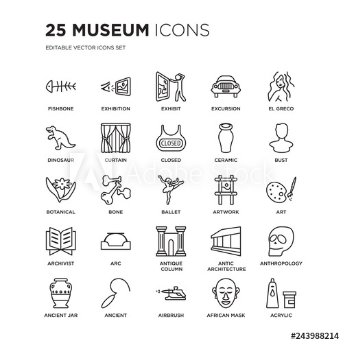 500x500 Set Of Museum Linear Icons Such As Fishbone, Exhibition