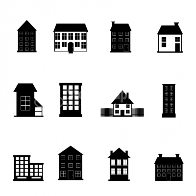 400x400 House And Apartment Building Black White Icon Set