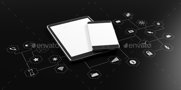 590x295 Smartphone, Tablet With Blank Screen On Black Background With App
