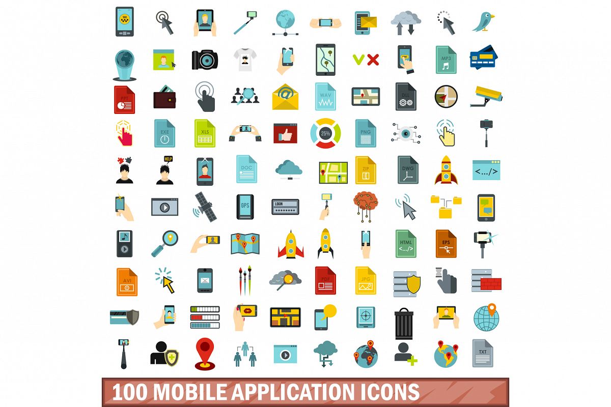 1200x800 Mobile Application Icons Set, Flat Style