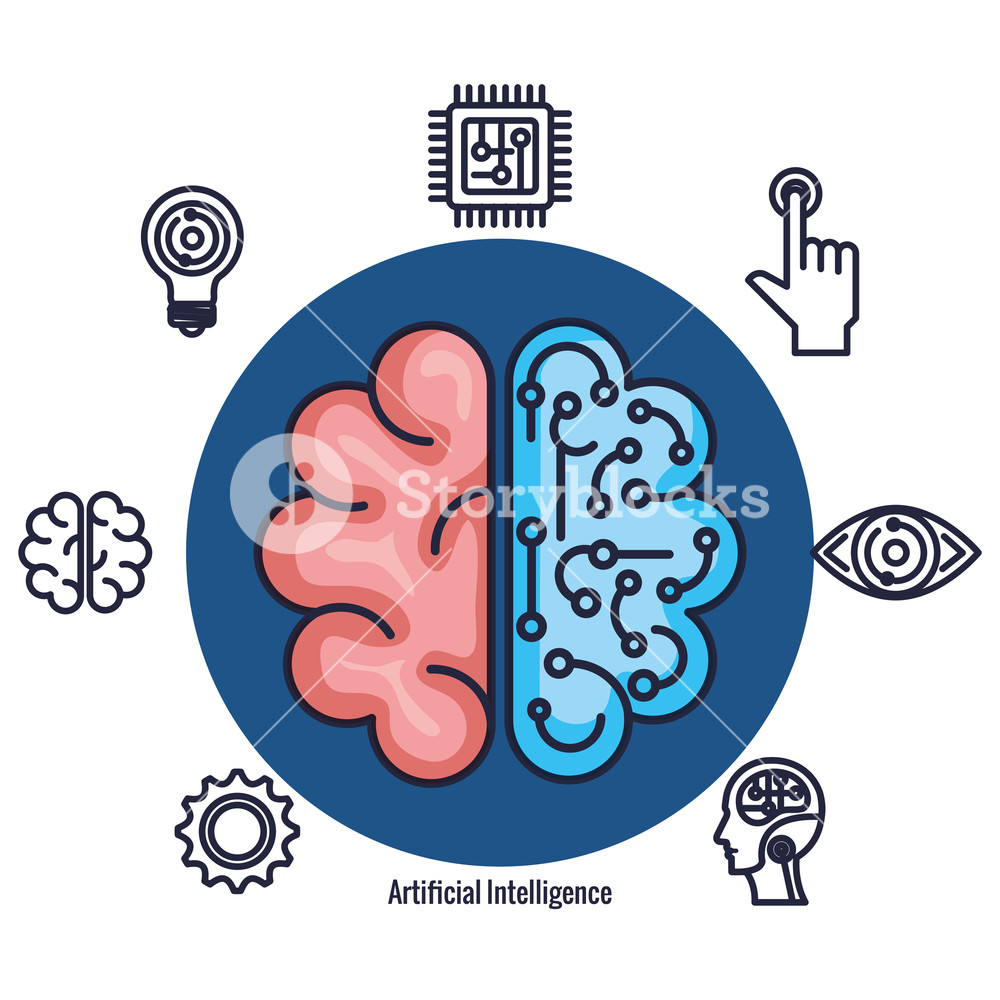 1000x1000 Brain With Artificial Intelligence Icons Vector Illustration