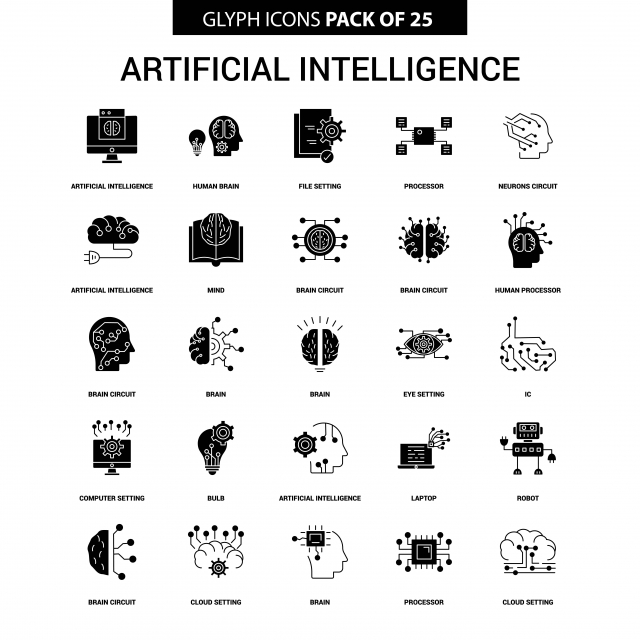 640x640 Artificial Intelligence Glyph Vector Icon Set, Brain Circuit