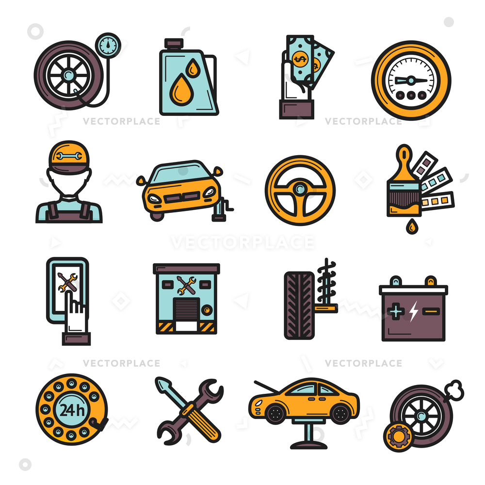 1000x1000 Auto Service Icon Set Tire Engine Vector Illustration