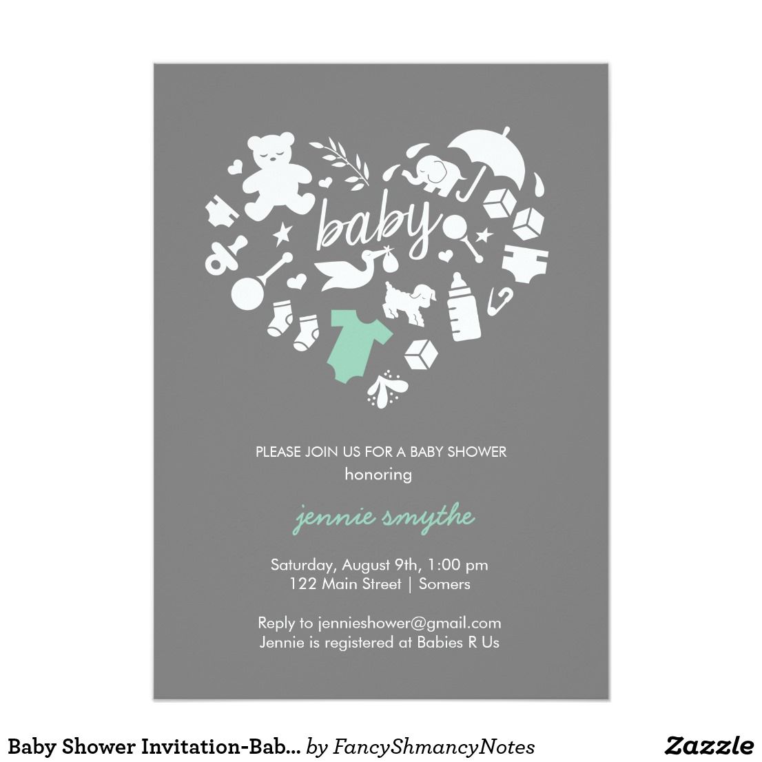 1106x1106 Baby Shower Invitation Baby Icon Heart Mintgrey Invitation