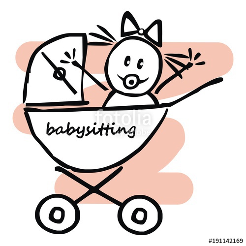 500x500 Babysitting, Baby Girl In The Pram, Funny Illustration, Doodle