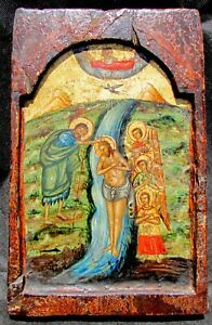 196x300 Antique C Greek Orthodox Icon, Post Byzantine Baptism