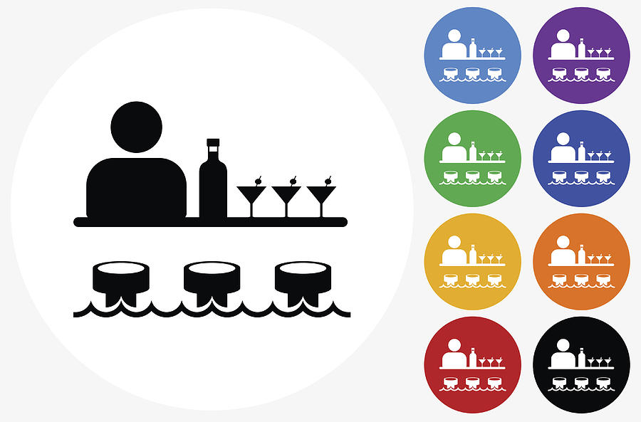900x593 Bar And Bartender Icon On Flat Color Circle Buttons