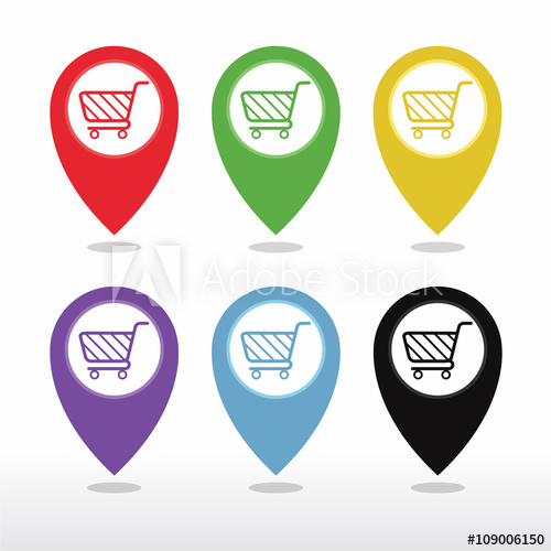 500x500 Colorful Map Pointer With Shopping Cart, Shopping Plaza Market