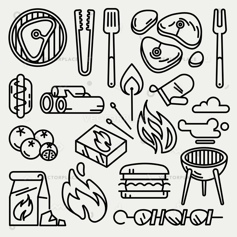 1000x1000 Barbecue Grill Thin Line Icons Picnic Vector Illustration
