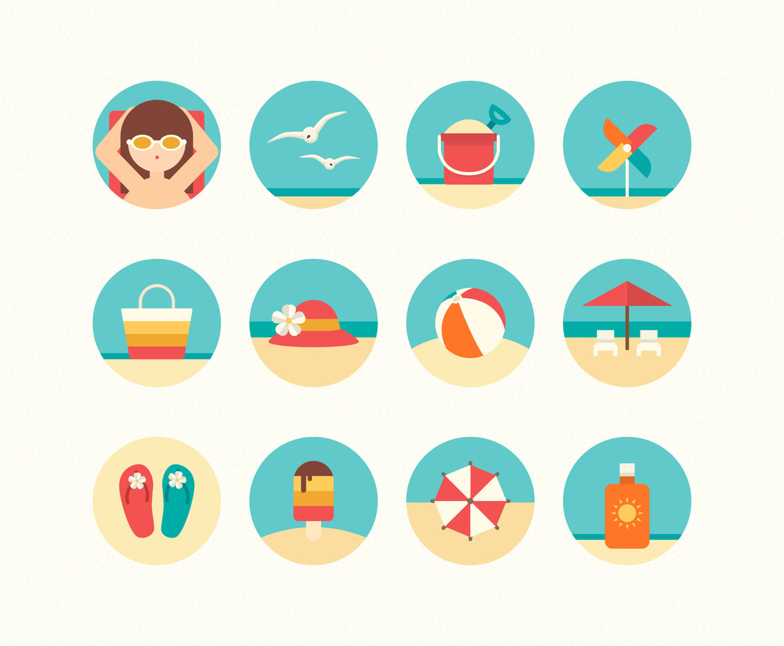 1136x936 Flat Summer Beach Icon Set Vector Art Graphics