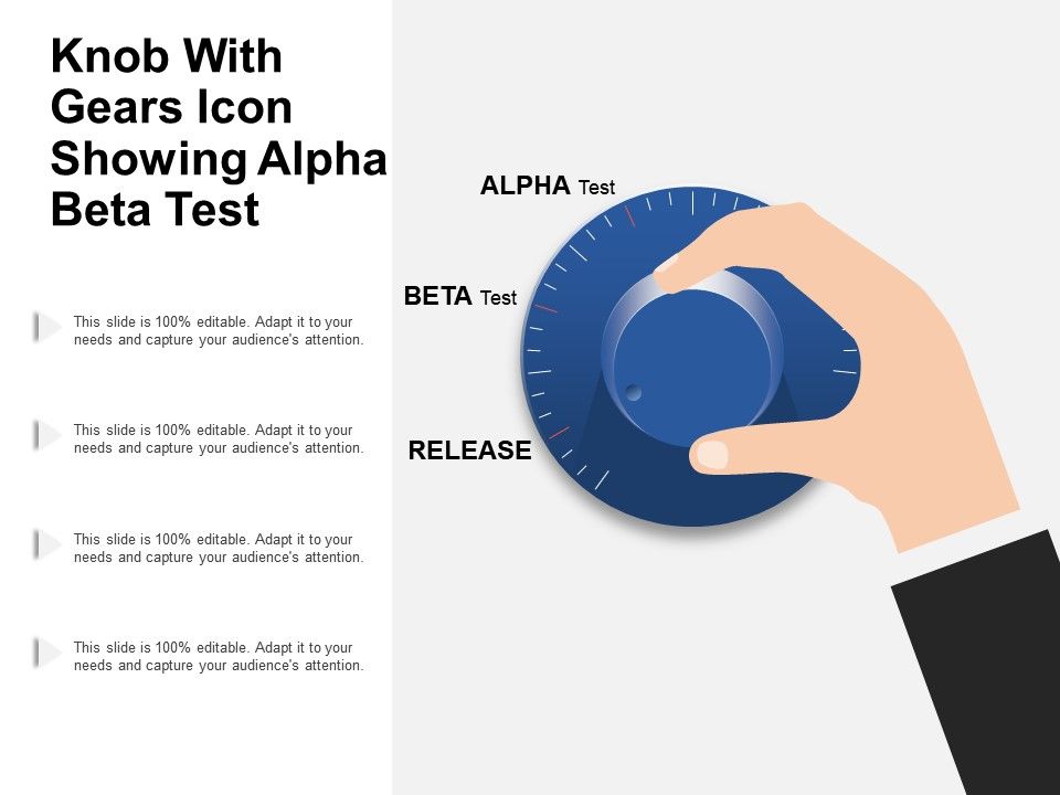 960x720 Knob With Gears Icon Showing Alpha Beta Test Powerpoint