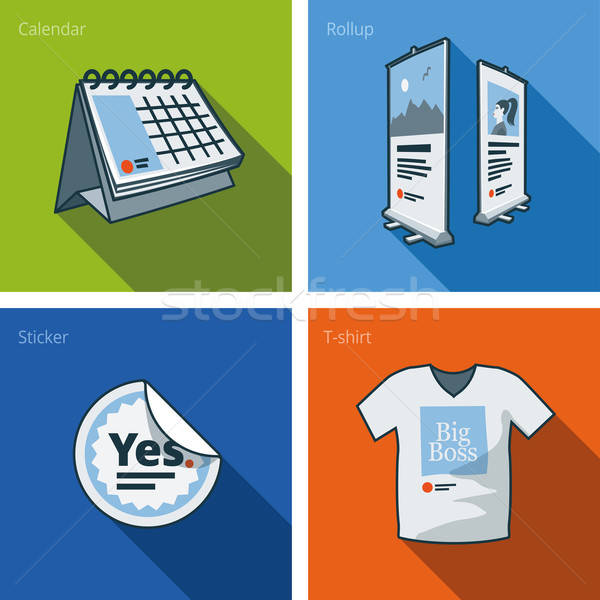 600x600 Printouts Icon Set Of Calendar, Rollup Banner, Sticker And T Shirt