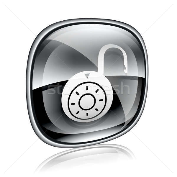 600x600 Lock On, Icon Black Glass, Isolated On White Background Stock