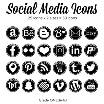 350x350 Social Media Icons Black And White, Round
