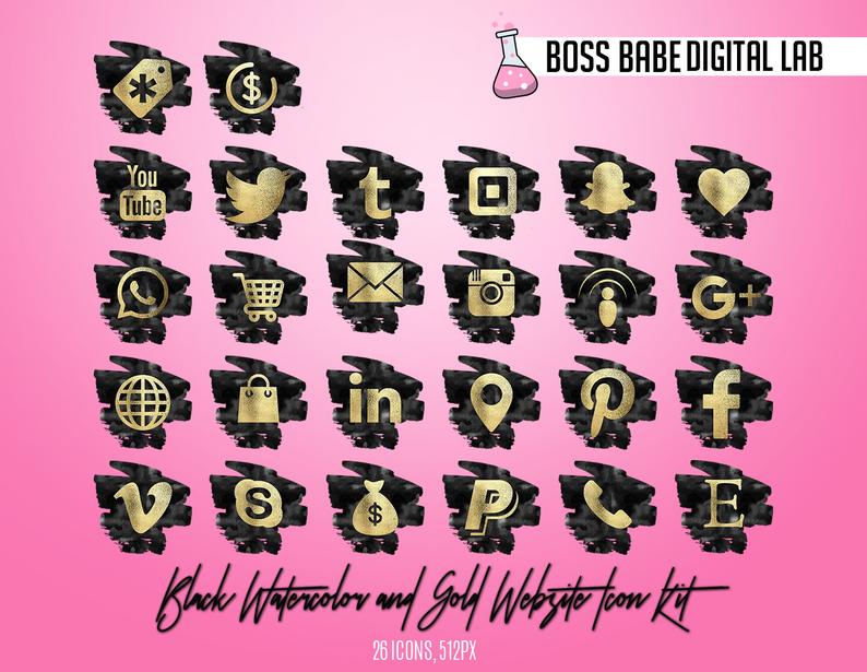 794x615 Black Watercolor And Gold Foil Website Icon Kit Gold Social Etsy