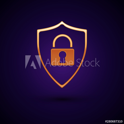 500x500 Gold Shield Security With Lock Icon Isolated On Dark Blue