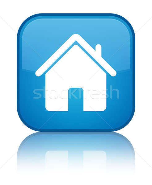 492x600 Home Icon Reflected On Glossy Blue Square Button Stock Photo