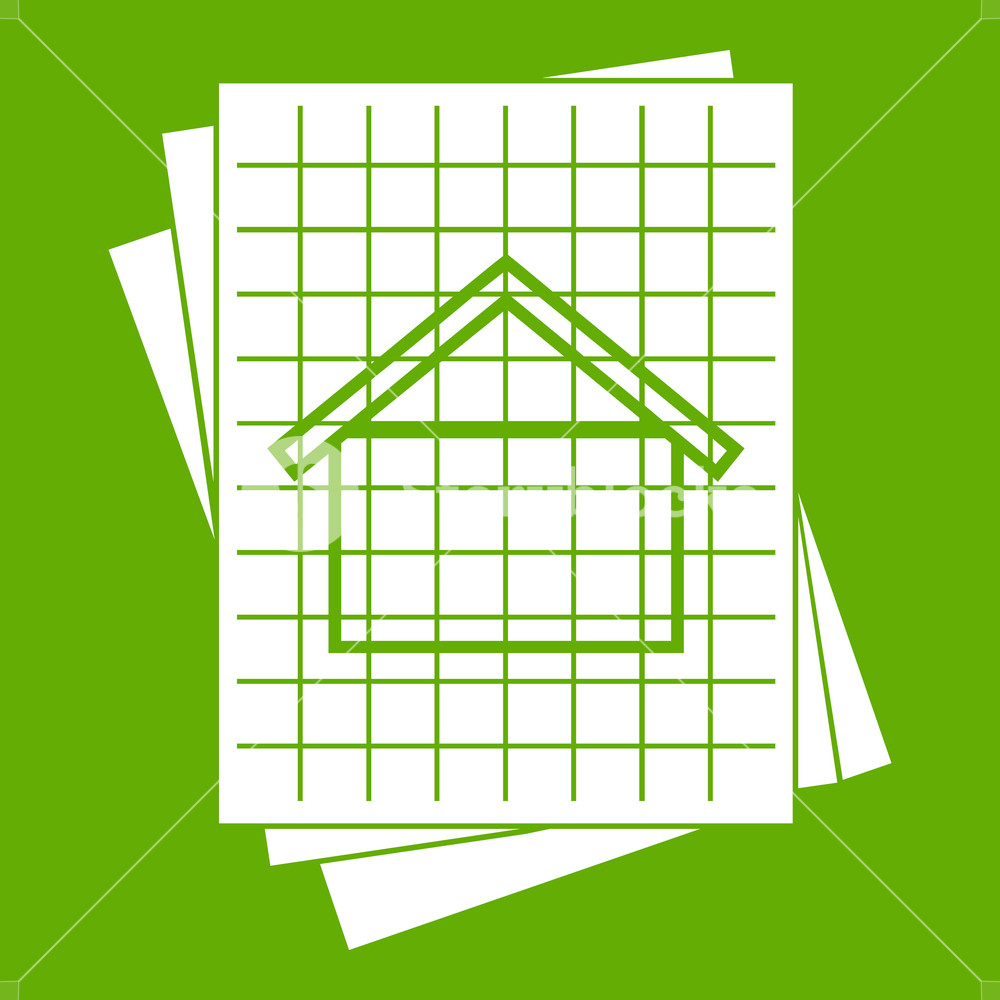 1000x1000 House Blueprint Icon White Isolated On Green Background Vector