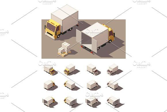 580x387 Vector Isometric Box Truck Icon Set