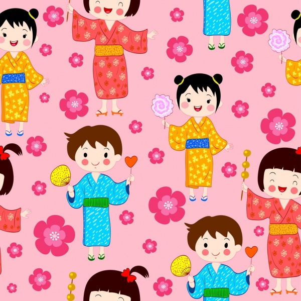 600x599 Japanese Background Traditional Boy Girl Icons Repeating Design