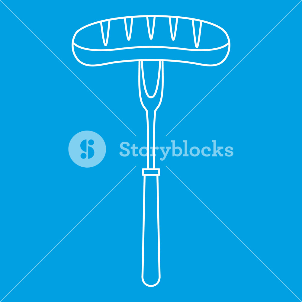 1000x1000 Grilled Bratwurst On A Bbq Fork Icon Blue Outline Style Isolated