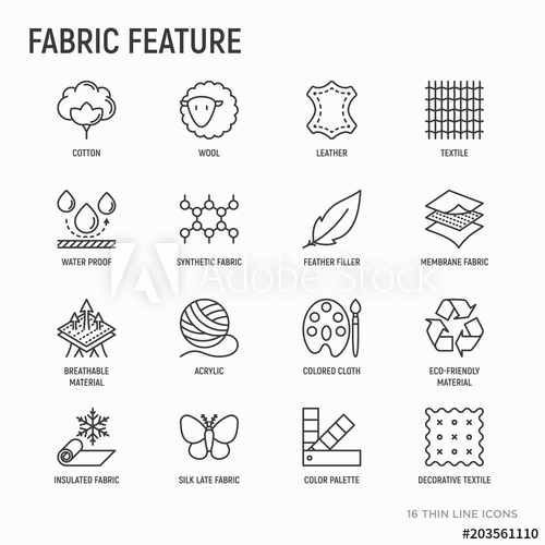 Fabric Feature Thin Line Icons Set Leather, Textile, Cotton, Wool 500x500 Fabric Feature Thin Line Icons Set Leather, Textile, Cotton, Wool