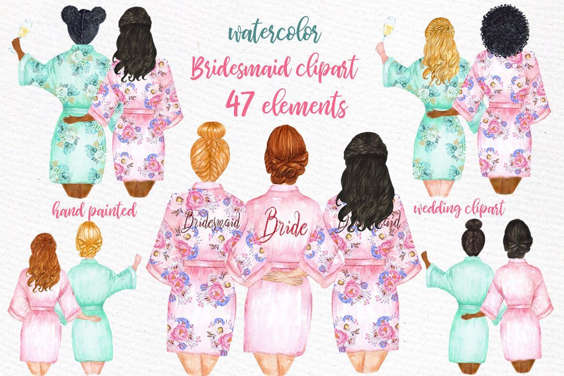 1162x774 Bridesmaid Wedding Robes Clipart, Watercolor Bride Clipart