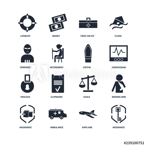 500x500 Set Of Icons Such As Insurance, Airplane, Ambulance, Broken Arm