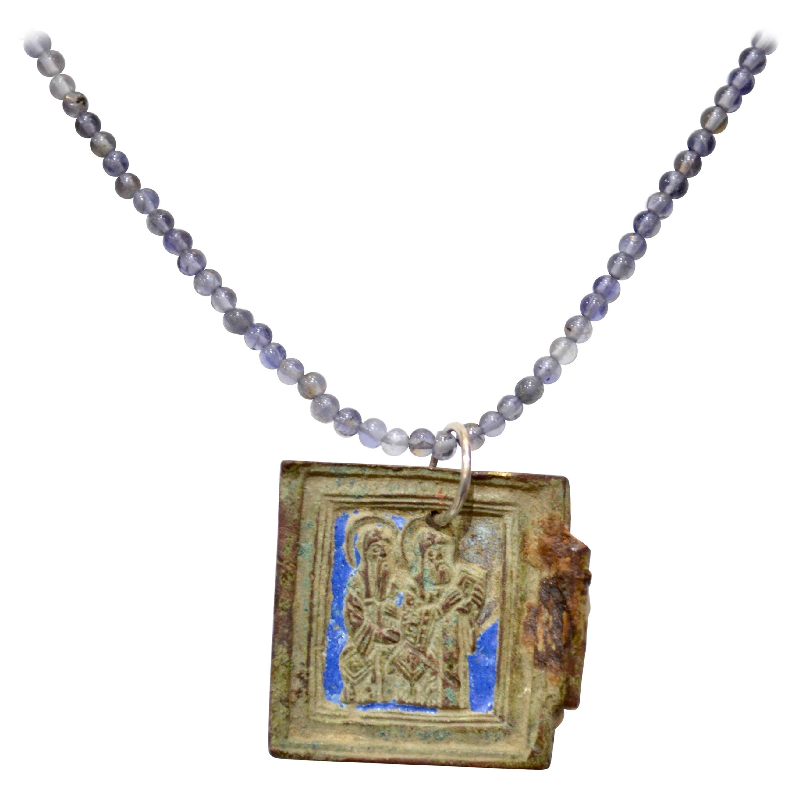 2622x2622 Late Medieval Enameled Bronze Icon Pendant With Saints For Sale