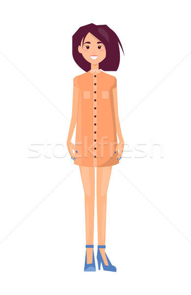 390x600 Cheerful Brunette In Cute Summer Gown, Color Icon Vector