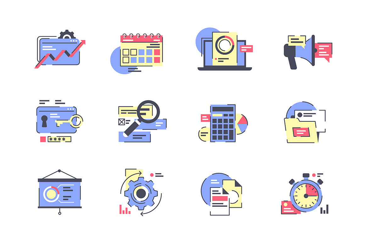 1160x772 Flat Business Icon Set With Calendar, Presentation, Financial
