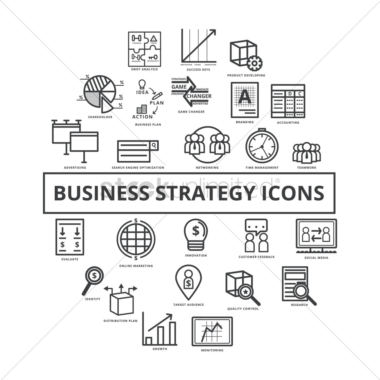 1300x1300 Free Set Of Business Strategy Icons Vector Image
