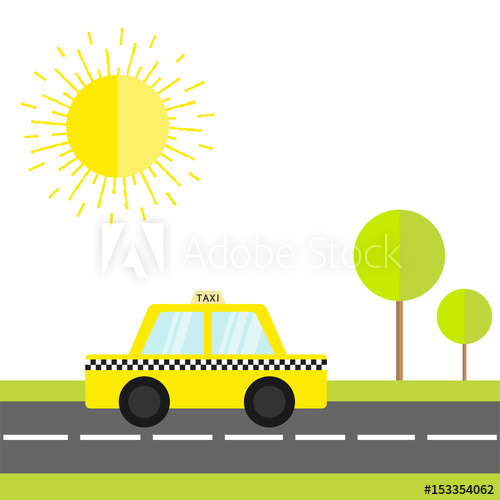 500x500 Taxi Car Cab Icon On The Road Green Grass, Tree, Shining Sun