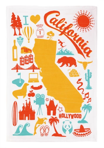 354x500 I Love California State Kitchen Towel Orange Aqua Yellow Bright Icons