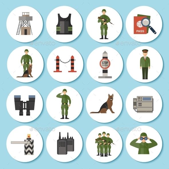 590x590 Border Guard Icon Sticker Flat Set With Soldiers In Military