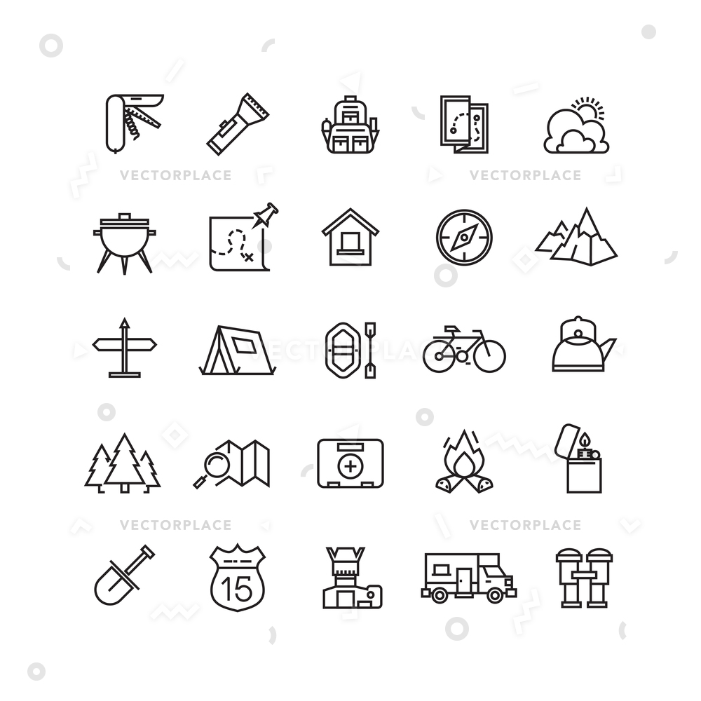 1000x1000 Summer Camping Line Icon Set Travel Vector Illustration