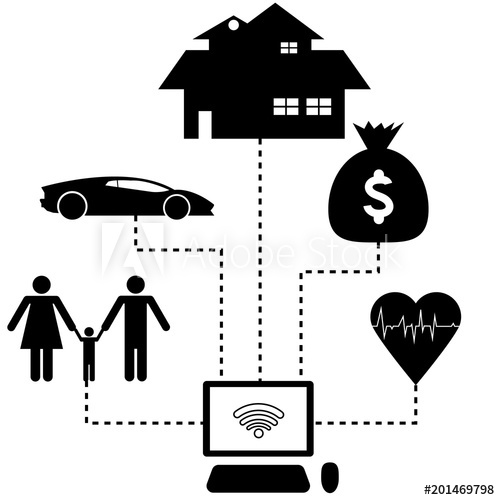 500x500 Desktop Computer Icon With Icons Of House, Car, Money, Family