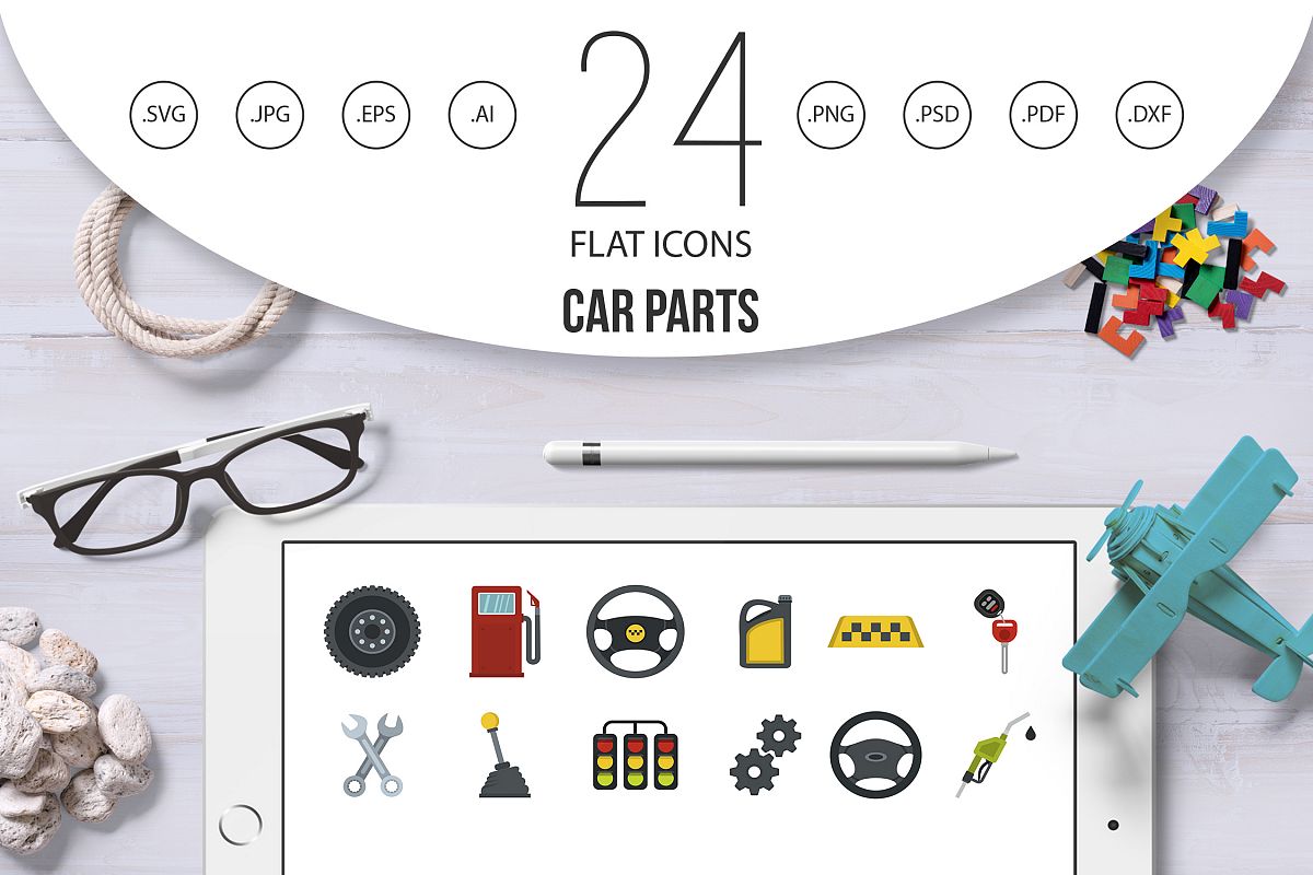 1200x800 Car Parts Icon Set, Flat Style