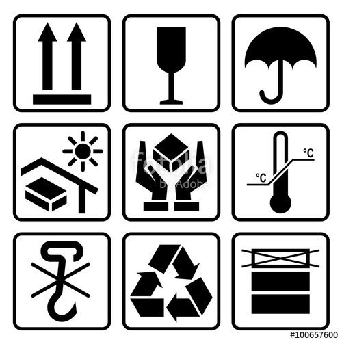 500x500 Cardboard Packaging Icon Set Warning Symbols For Big Box Stock