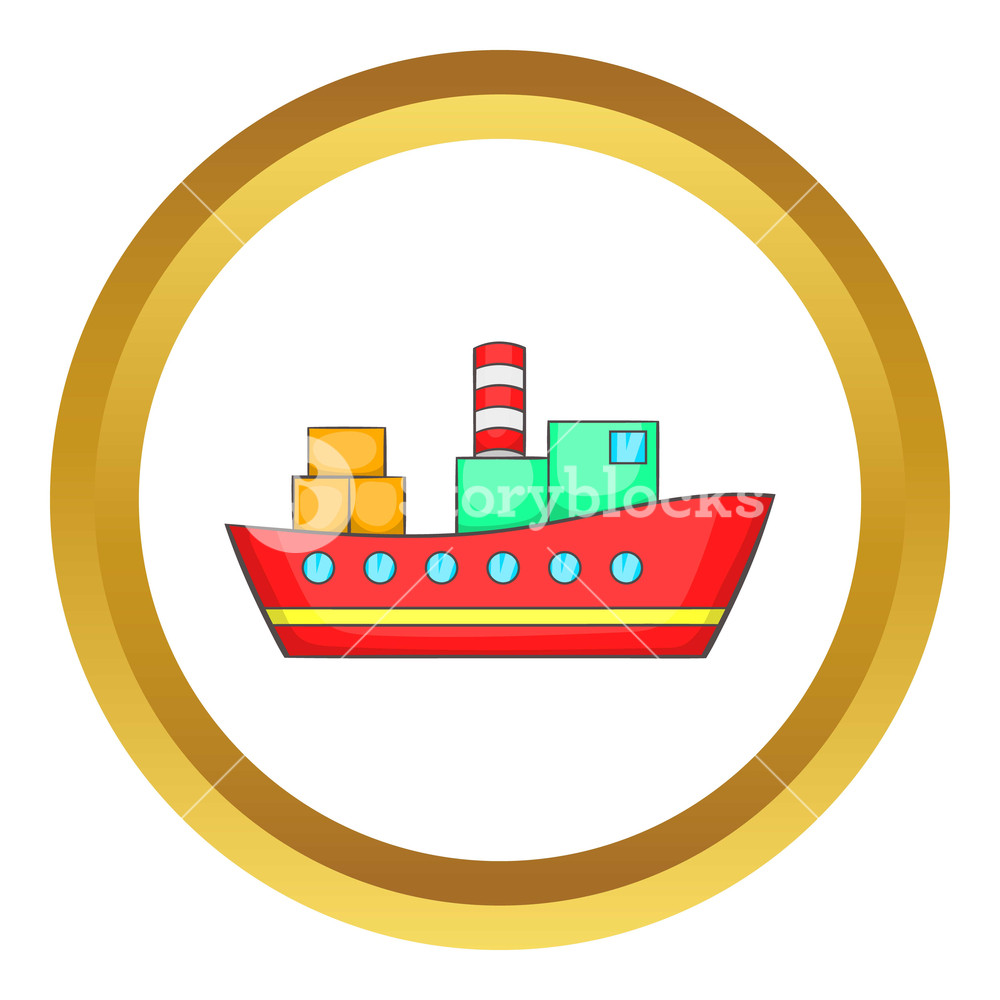 1000x1000 Red Cargo Ship Icon In Golden Circle, Cartoon Style Isolated