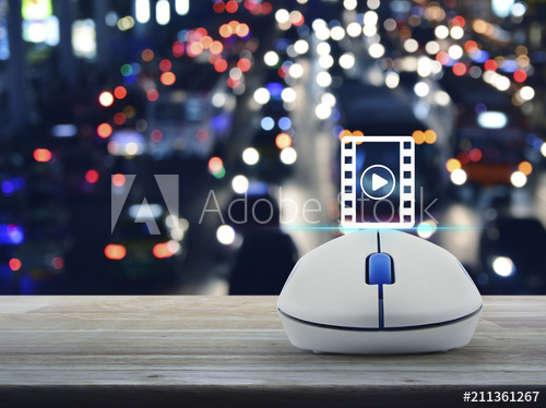 500x374 Play Button And Movie Icon With Wireless Computer Mouse On Wooden