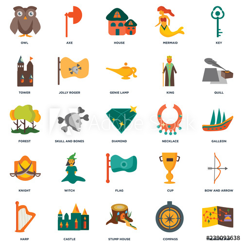 500x500 Set Of Icons Such As Treasure Map, Compass, Stump House, Castle