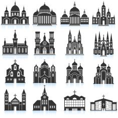 235x235 Old Church And Cathedral Black White Vector Icon Set Vector Art